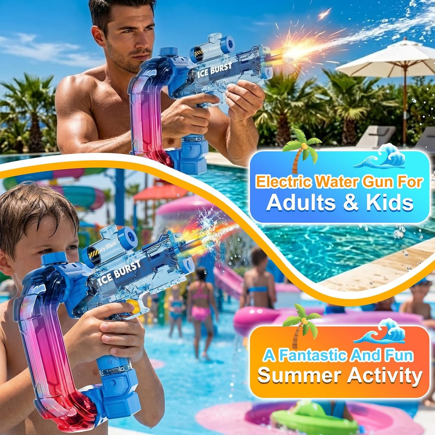 Less Screen Time, More Outdoor Fun-Ice Blast Electric Water Gun for Kids-with Lights, Sounds & Powerful Water Blasts